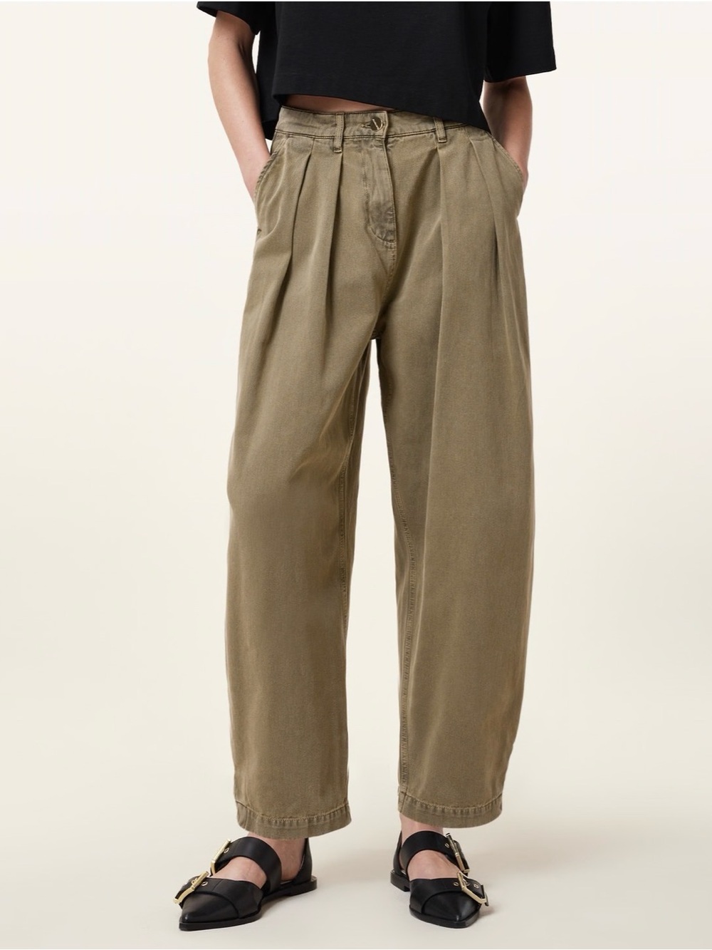 AllSaints Becca Barrel Leg Denim Jeans in Khaki Green